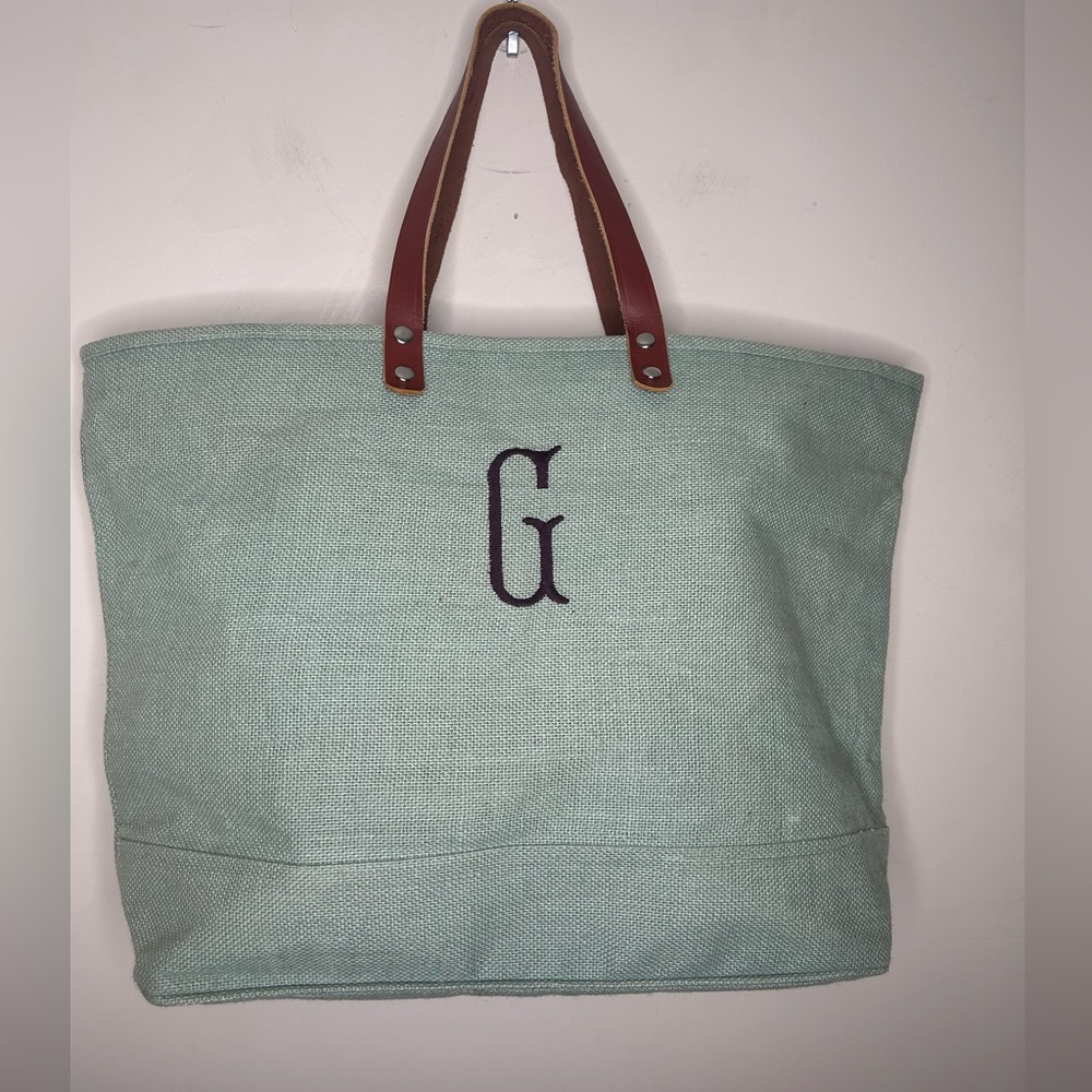 Ballard Jute Tote Leather Handles “G” Monogram Light Green